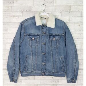 Women's Old Navy Sherpa Lined Jean Jacket Sz M Denim Classic Trucker Coat Y2K